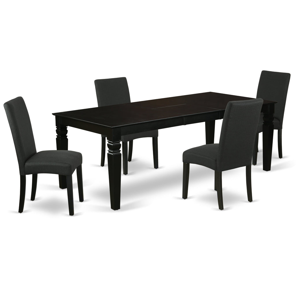 East West Furniture LGDR5-BLK-24 5 Piece Dining Set Includes a Rectangle Dining Room Table with Butterfly Leaf and 4 Black Color Linen Fabric Upholstered Chairs, 42x84 Inch, Black