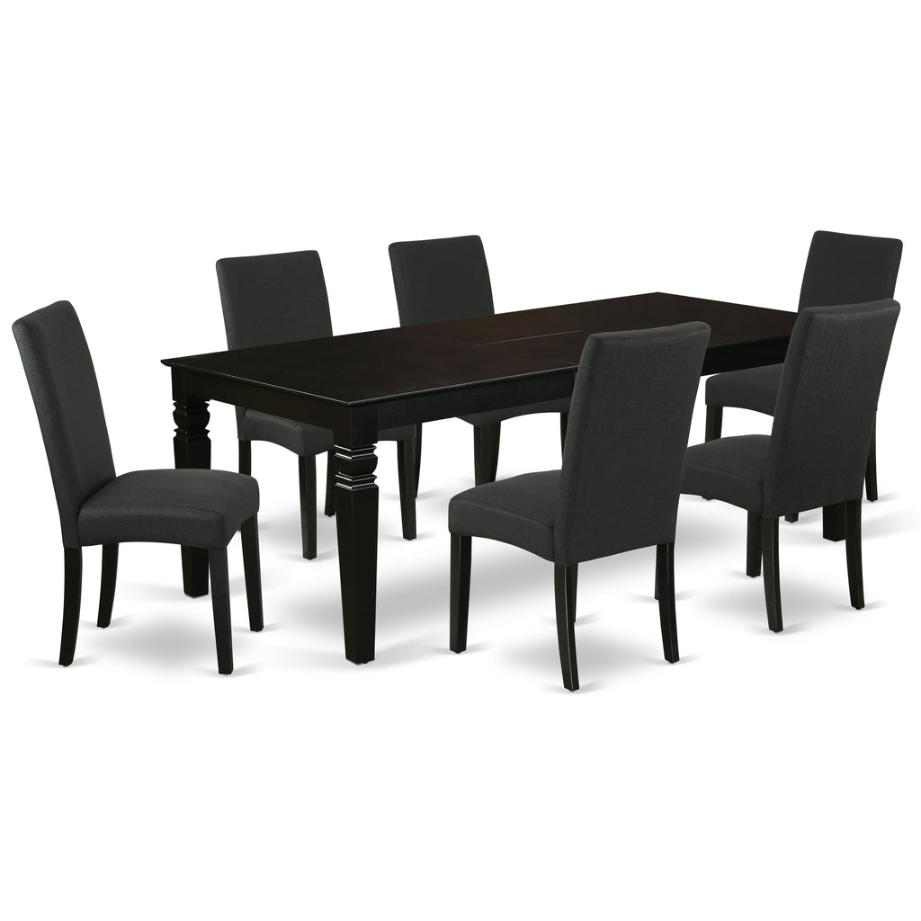 East West Furniture LGDR7-BLK-24 7 Piece Dining Table Set Consist of a Rectangle Dinner Table with Butterfly Leaf and 6 Black Color Linen Fabric Parson Chairs, 42x84 Inch, Black