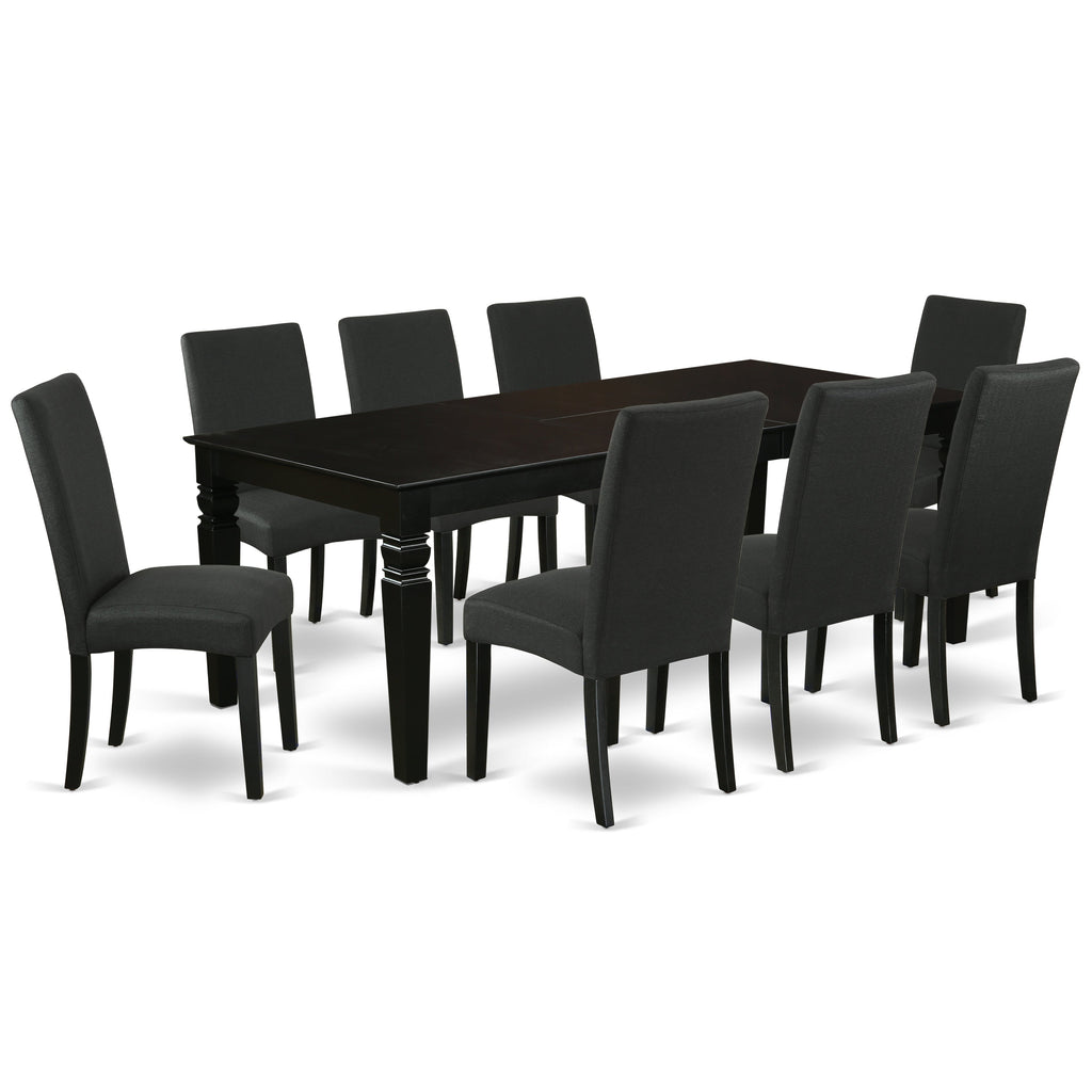 East West Furniture LGDR9-BLK-24 9 Piece Dining Room Set Includes a Rectangle Kitchen Table with Butterfly Leaf and 8 Black Color Linen Fabric Upholstered Chairs, 42x84 Inch, Black