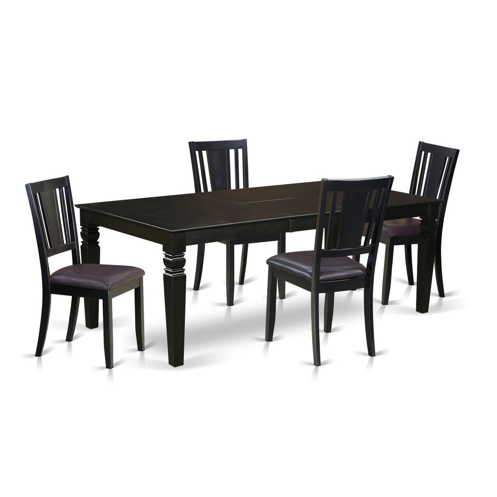 East West Furniture LGDU5-BLK-LC 5 Piece Kitchen Table & Chairs Set Includes a Rectangle Dining Table with Butterfly Leaf and 4 Faux Leather Dining Room Chairs, 42x84 Inch, Black