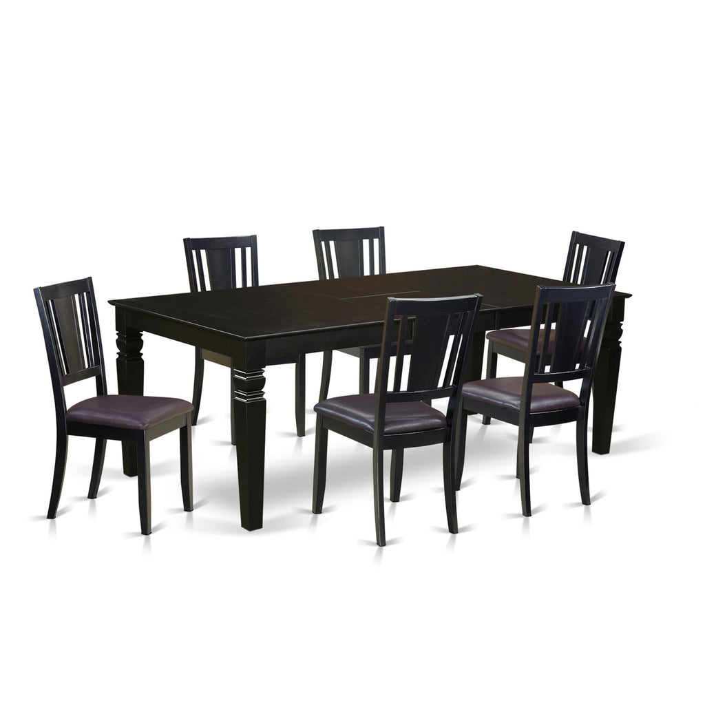 East West Furniture LGDU7-BLK-LC 7 Piece Modern Dining Table Set Consist of a Rectangle Wooden Table with Butterfly Leaf and 6 Faux Leather Dining Room Chairs, 42x84 Inch, Black
