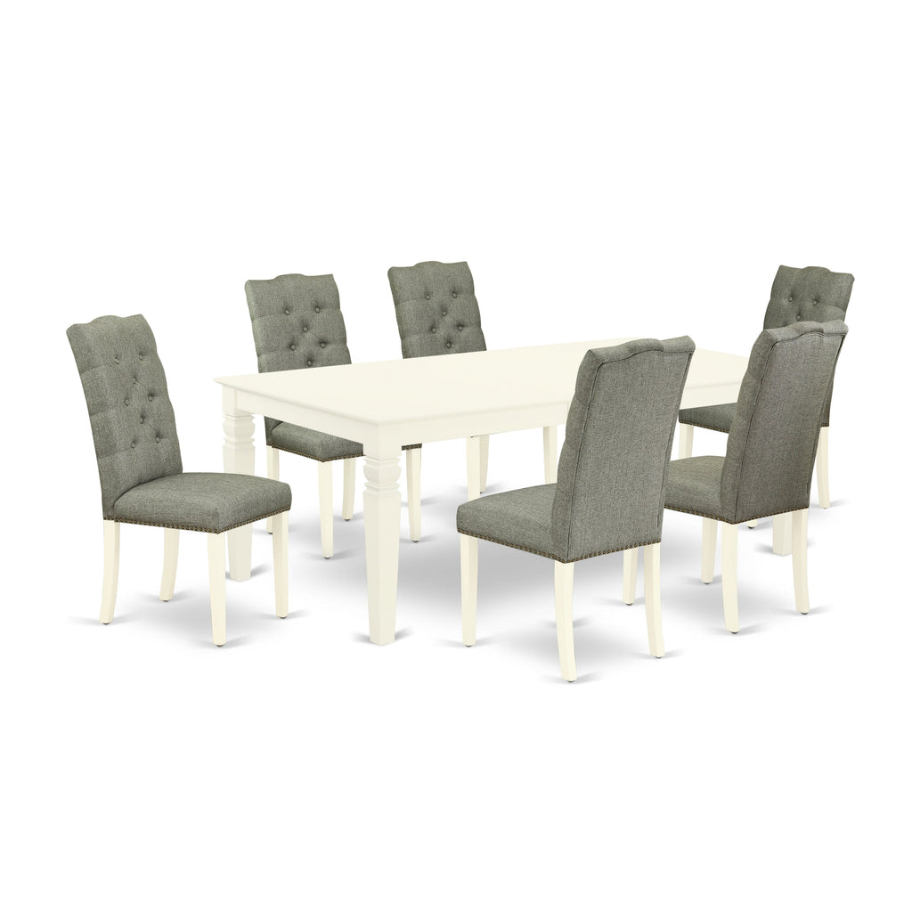 East West Furniture LGEL7-LWH-07 7 Piece Dining Table Set Consist of a Rectangle Dinner Table with Butterfly Leaf and 6 Gray Linen Fabric Parson Dining Chairs, 42x84 Inch, Linen White