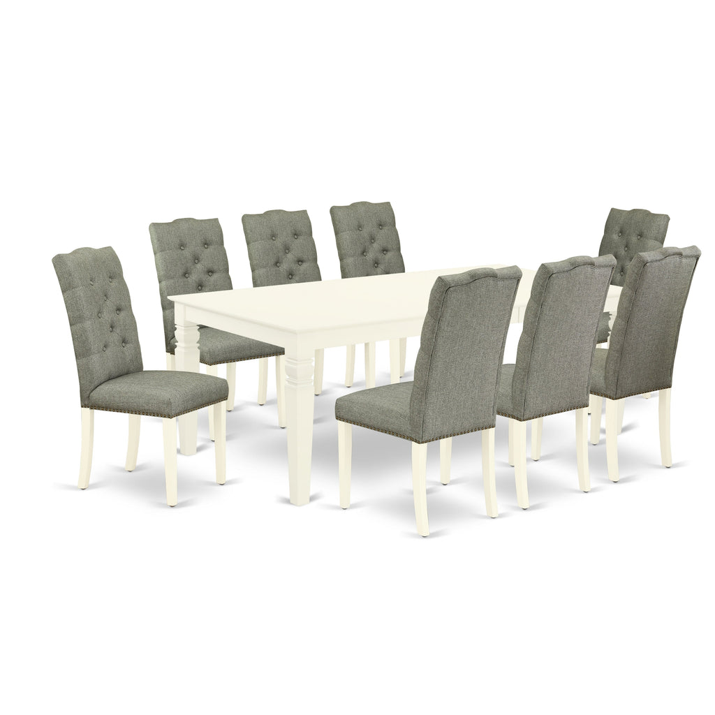 East West Furniture LGEL9-LWH-07 9 Piece Dining Set Includes a Rectangle Dining Room Table with Butterfly Leaf and 8 Gray Linen Fabric Upholstered Parson Chairs, 42x84 Inch, Linen White