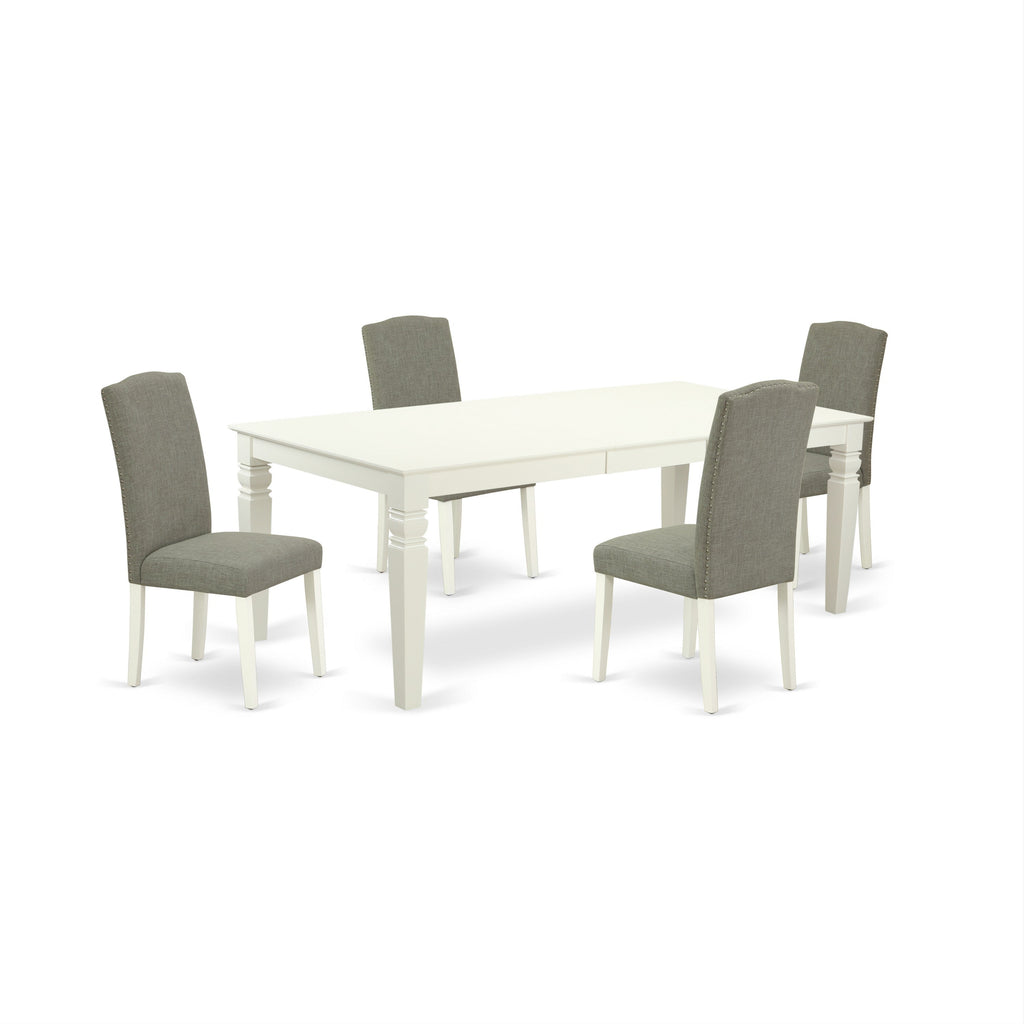 East West Furniture LGEN5-LWH-06 5 Piece Dining Set Includes a Rectangle Dining Room Table with Butterfly Leaf and 4 Dark Shitake Linen Fabric Upholstered Chairs, 42x84 Inch, Linen White