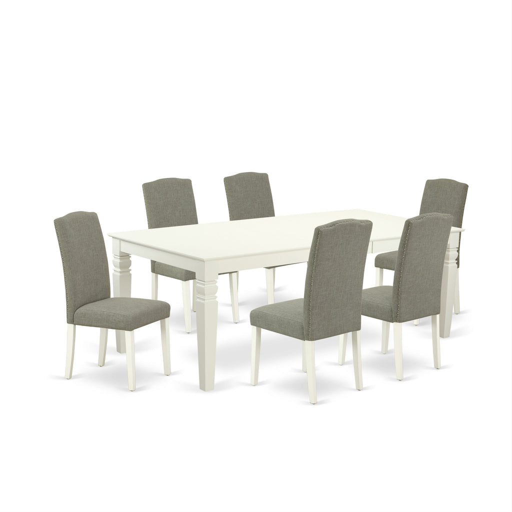East West Furniture LGEN7-LWH-06 7 Piece Dining Room Table Set Consist of a Rectangle Kitchen Table with Butterfly Leaf and 6 Dark Shitake Linen Fabric Parson Chairs, 42x84 Inch, Linen White