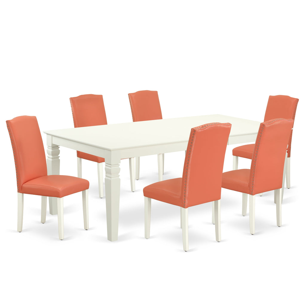 East West Furniture LGEN7-LWH-78 7 Piece Dining Set Consist of a Rectangle Dining Room Table with Butterfly Leaf and 6 Pink Flamingo Faux Leather Upholstered Chairs, 42x84 Inch, Linen White