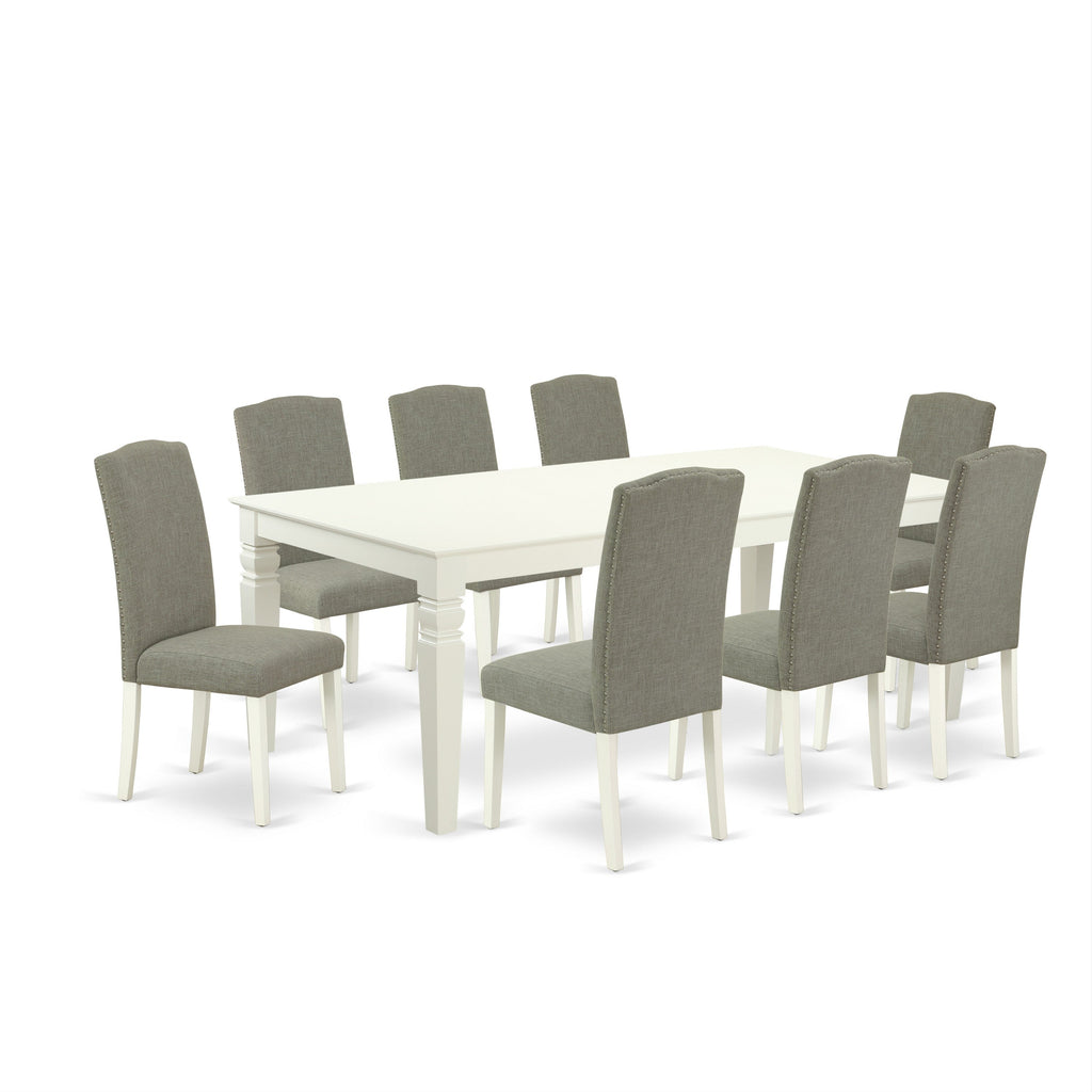 East West Furniture LGEN9-LWH-06 9 Piece Dining Set Includes a Rectangle Dining Room Table with Butterfly Leaf and 8 Dark Shitake Linen Fabric Upholstered Chairs, 42x84 Inch, Linen White