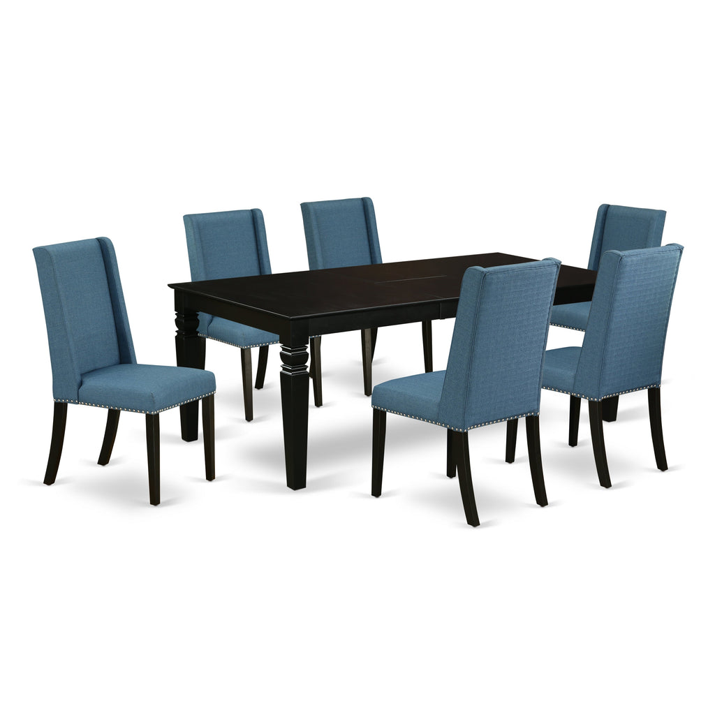 East West Furniture LGFL7-BLK-21 7 Piece Dining Table Set Consist of a Rectangle Dining Room Table with Butterfly Leaf and 6 Blue Linen Fabric Parsons Chairs, 42x84 Inch, Black