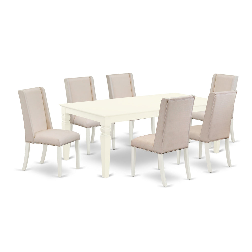 East West Furniture LGFL7-LWH-01 7 Piece Dining Table Set Consist of a Rectangle Kitchen Table with Butterfly Leaf and 6 Cream Linen Fabric Upholstered Chairs, 42x84 Inch, Linen White