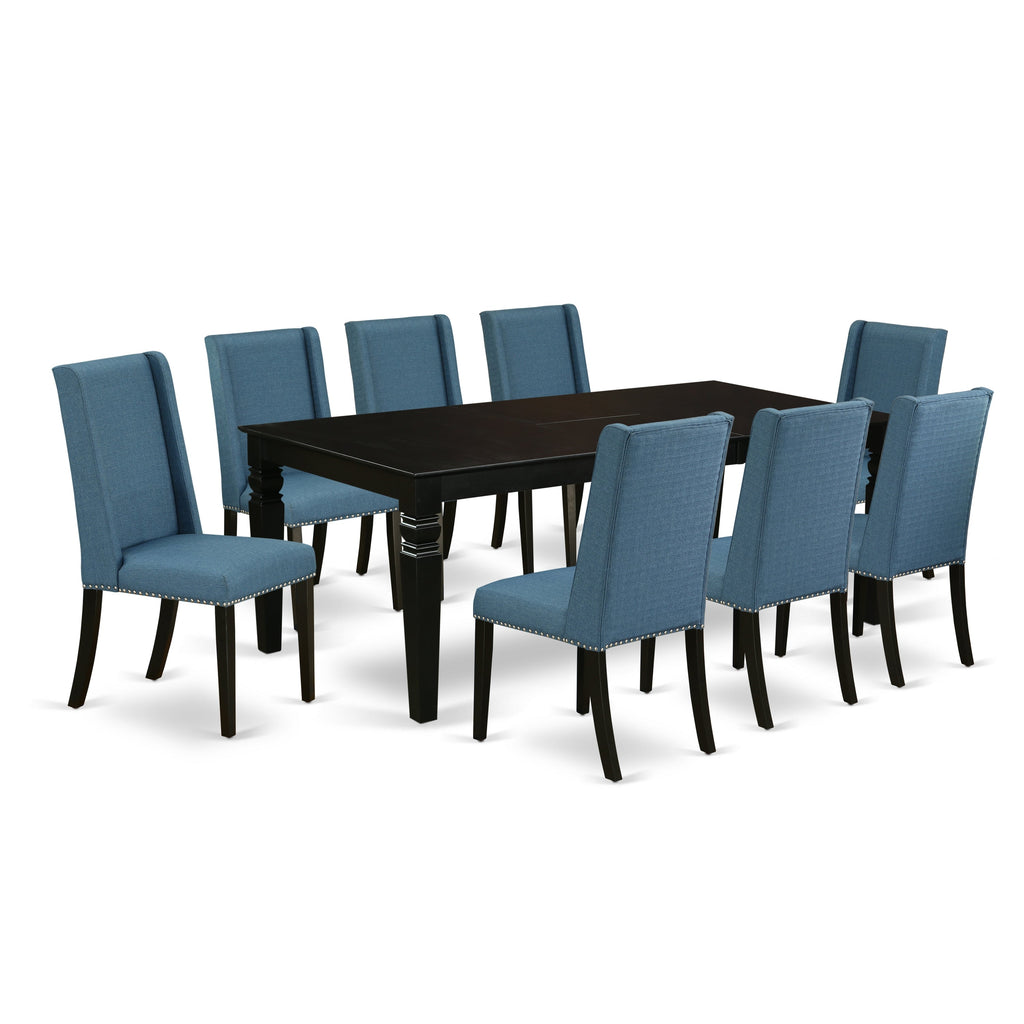 East West Furniture LGFL9-BLK-21 9 Piece Kitchen Table Set Includes a Rectangle Dining Table with Butterfly Leaf and 8 Blue Linen Fabric Parson Dining Chairs, 42x84 Inch, Black