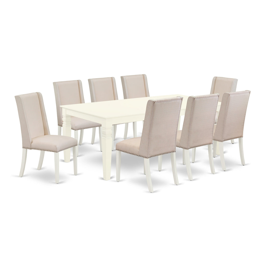 East West Furniture LGFL9-LWH-01 9 Piece Dining Room Set Includes a Rectangle Wooden Table with Butterfly Leaf and 8 Cream Linen Fabric Parson Dining Room Chairs, 42x84 Inch, Linen White
