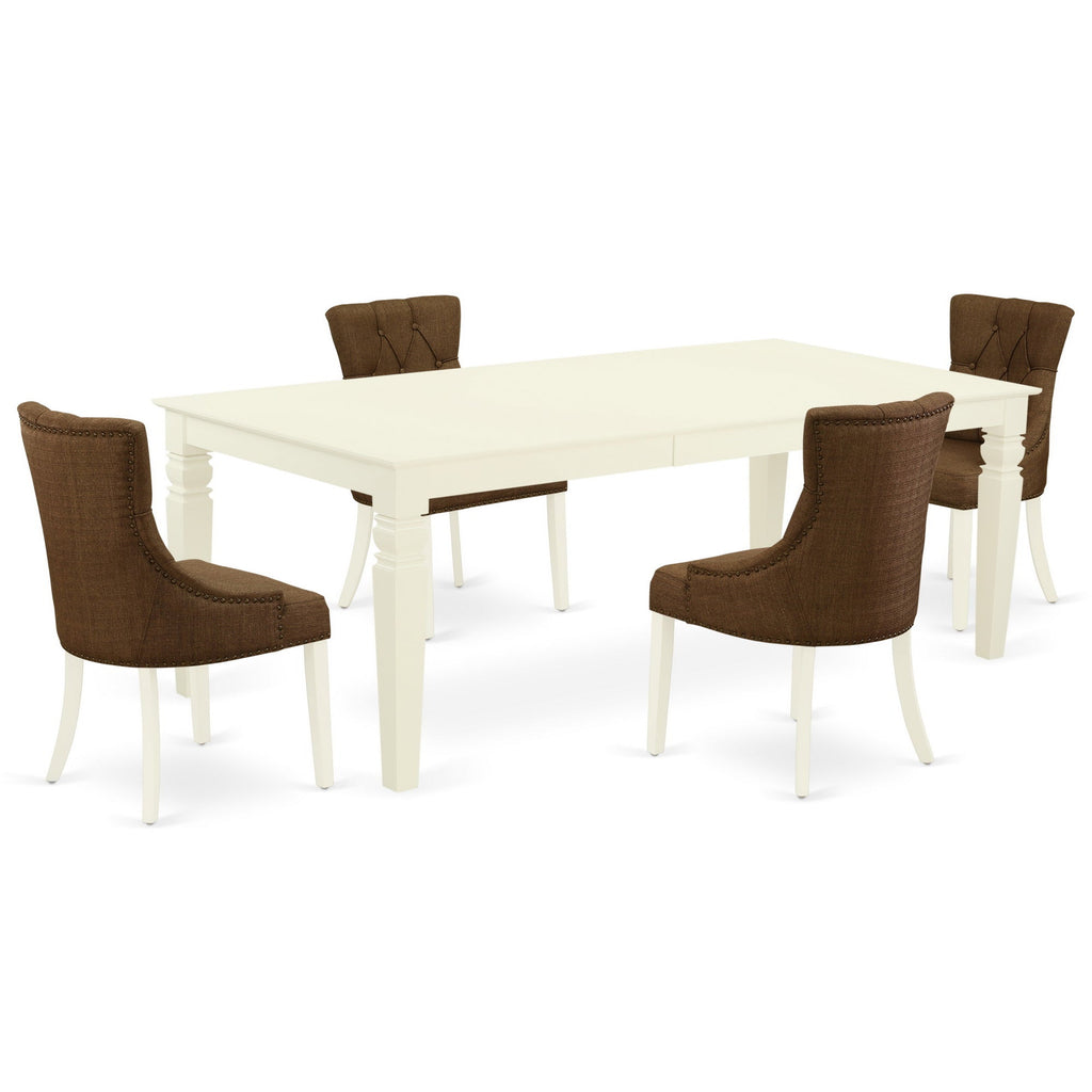 East West Furniture LGFR5-LWH-18 5 Piece Dining Table Set Includes a Rectangle Kitchen Table with Butterfly Leaf and 4 Brown Linen Linen Fabric Upholstered Chairs, 42x84 Inch, Linen White