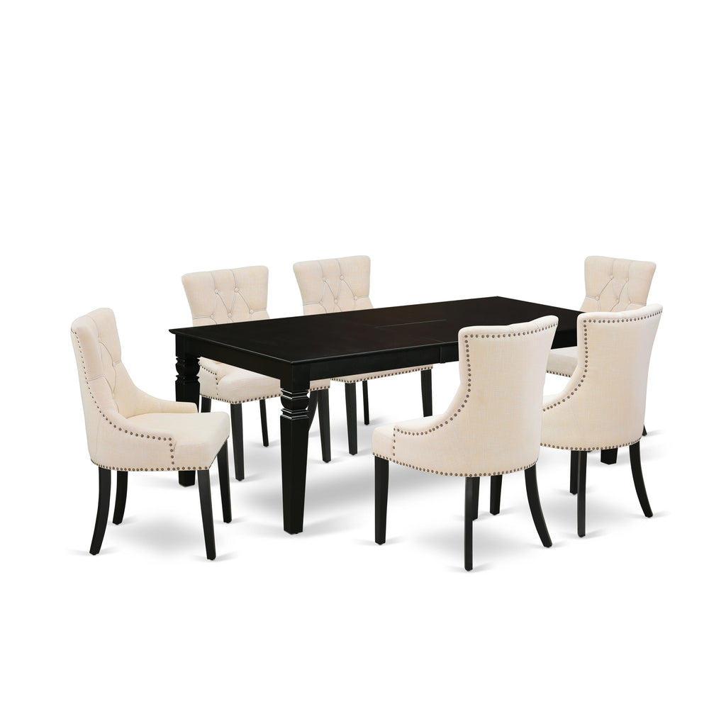 East West Furniture LGFR7-BLK-02 7 Piece Dining Set Consist of a Rectangle Dining Room Table with Butterfly Leaf and 6 Light Beige Linen Fabric Upholstered Chairs, 42x84 Inch, Black
