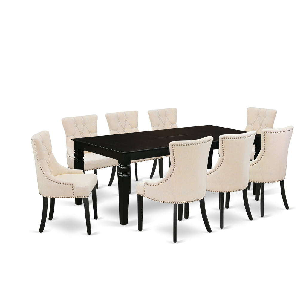 East West Furniture LGFR9-BLK-02 9 Piece Dining Room Set Includes a Rectangle Butterfly Leaf Kitchen Table and 8 Light Beige Linen Fabric Parsons Dining Chairs, 42x84 Inch, Black