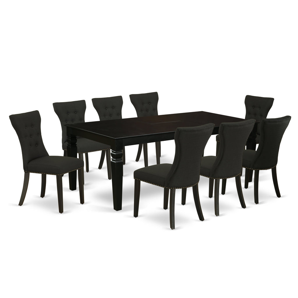 East West Furniture LGGA9-BLK-24 9 Piece Dining Table Set Includes a Rectangle Dining Room Table with Butterfly Leaf and 8 Black Linen Fabric Upholstered Chairs, 42x84 Inch, Black