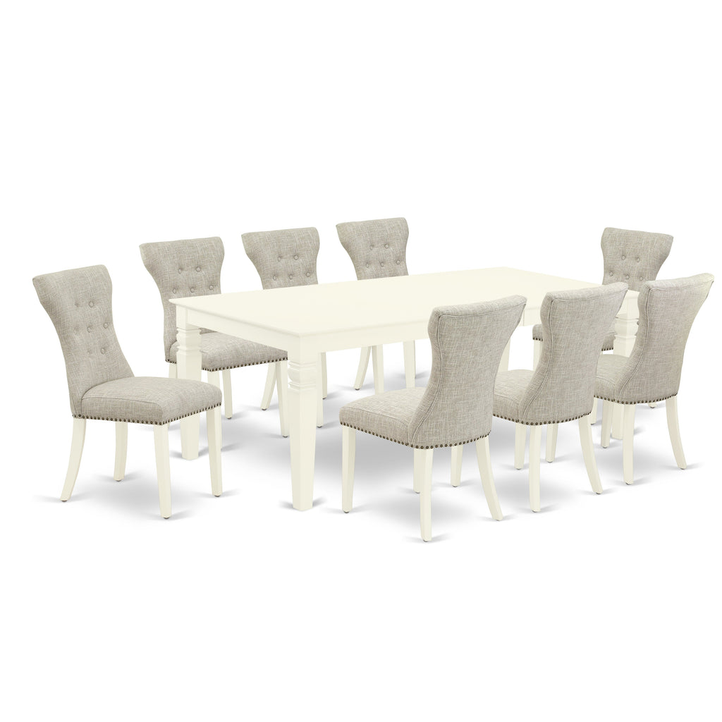 East West Furniture LGGA9-LWH-35 9 Piece Dining Room Set Includes a Rectangle Kitchen Table with Butterfly Leaf and 8 Doeskin Linen Fabric Upholstered Chairs, 42x84 Inch, Linen White