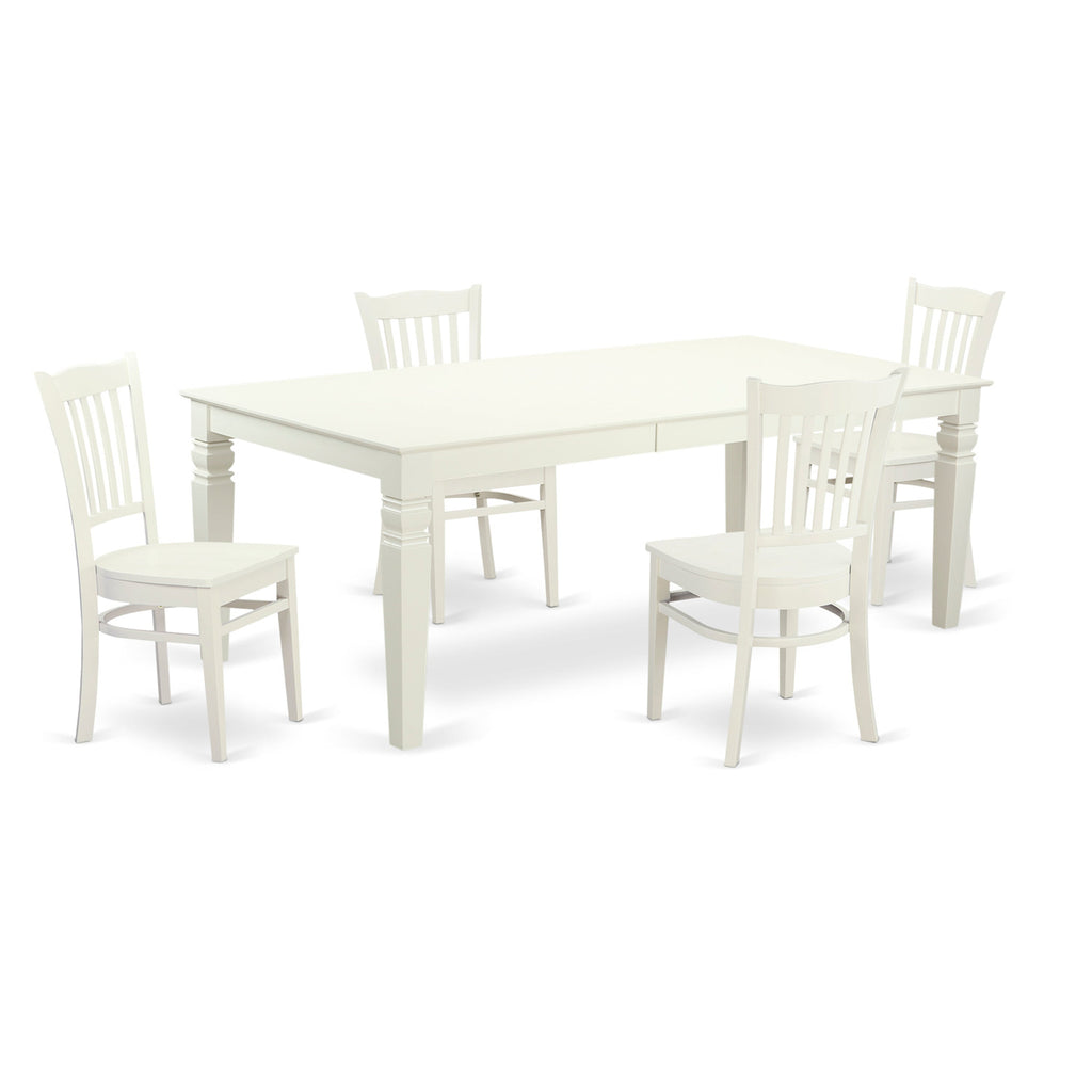 East West Furniture LGGR5-LWH-W 5 Piece Dining Room Table Set Includes a Rectangle Wooden Table with Butterfly Leaf and 4 Kitchen Dining Chairs, 42x84 Inch, Linen White