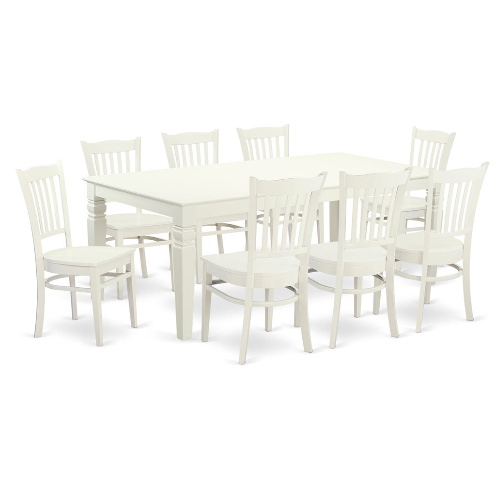 East West Furniture LGGR9-LWH-W 9 Piece Kitchen Table Set Includes a Rectangle Dining Table with Butterfly Leaf and 8 Dining Room Chairs, 42x84 Inch, Linen White