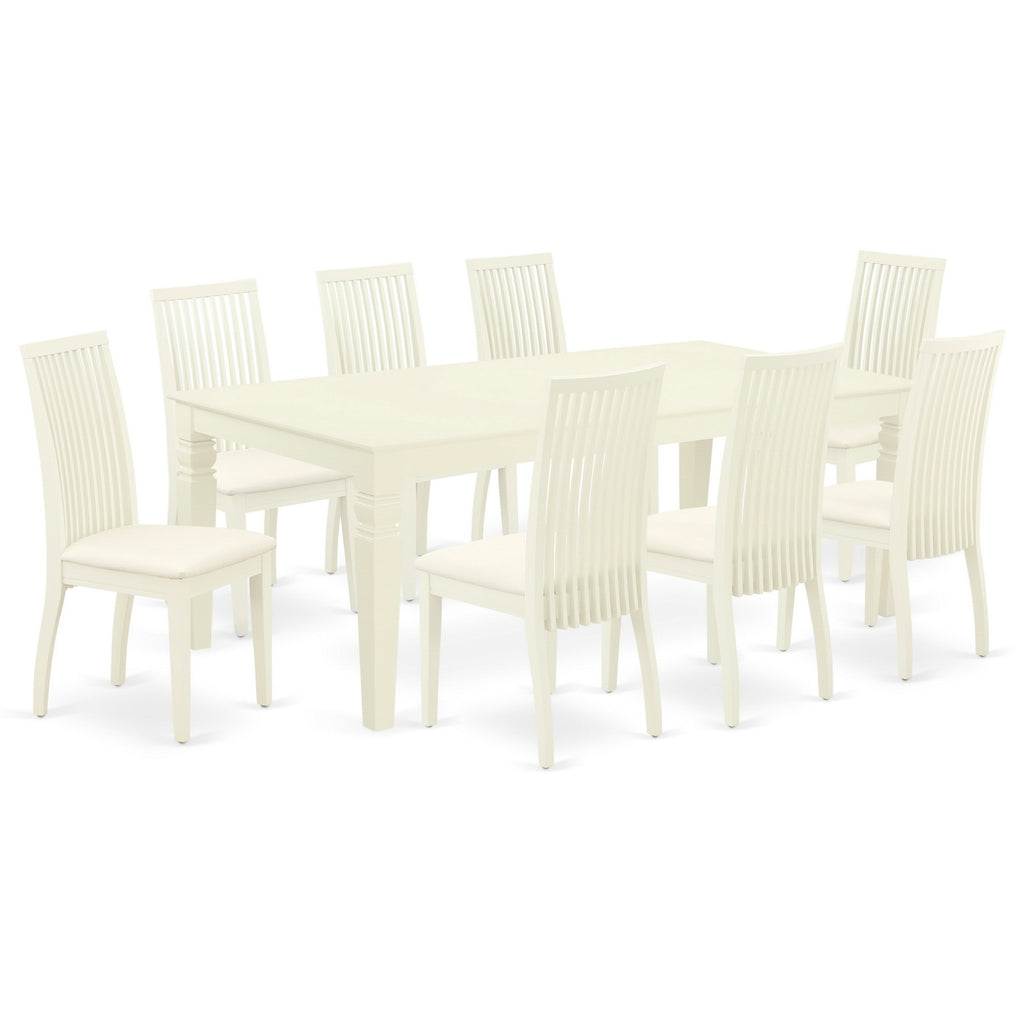 East West Furniture LGIP9-LWH-C 9 Piece Dining Room Table Set Includes a Rectangle Kitchen Table with Butterfly Leaf and 8 Linen Fabric Upholstered Dining Chairs, 42x84 Inch, Linen White