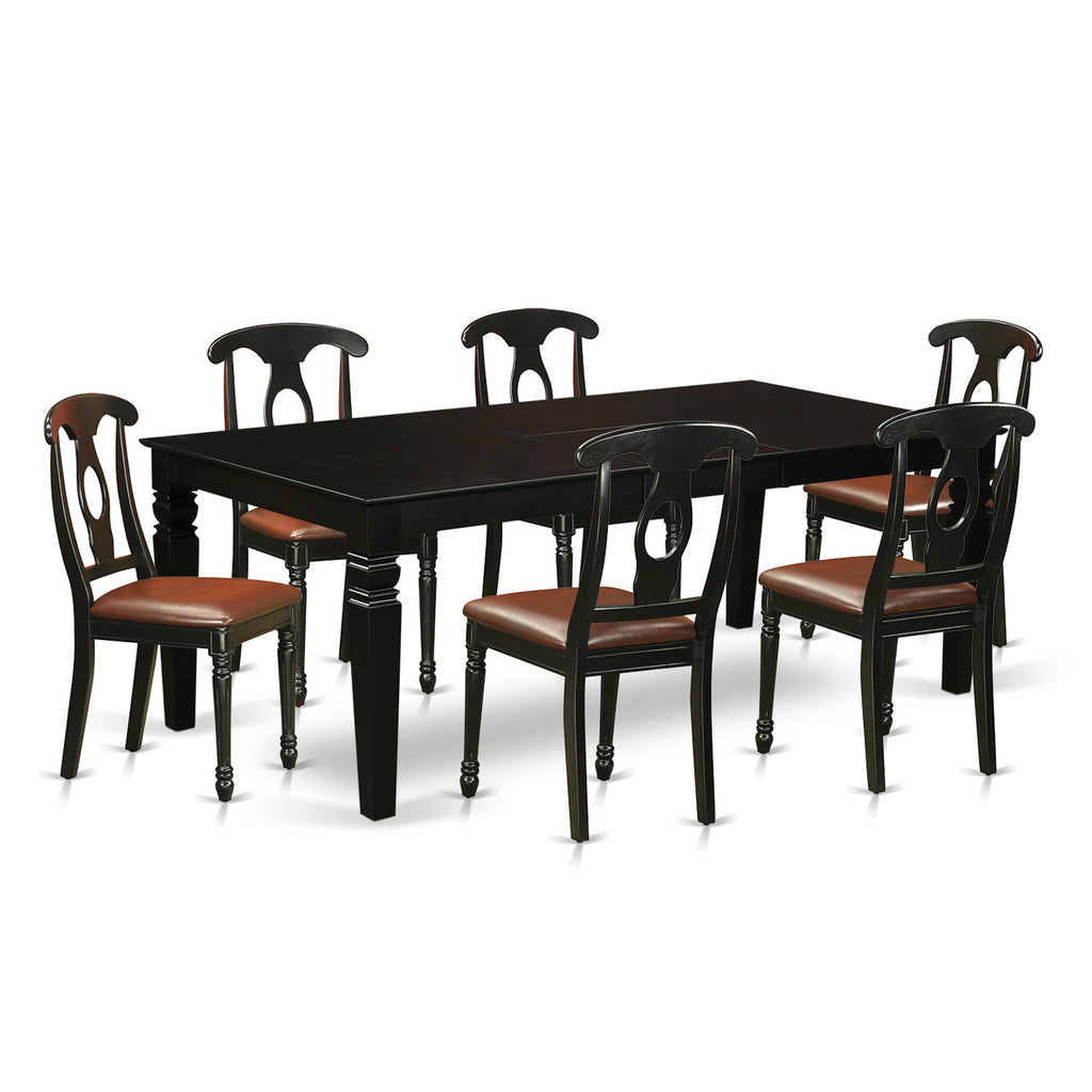 East West Furniture LGKE7-BLK-LC 7 Piece Modern Dining Table Set Consist of a Rectangle Wooden Table with Butterfly Leaf and 6 Faux Leather Dining Room Chairs, 42x84 Inch, Black