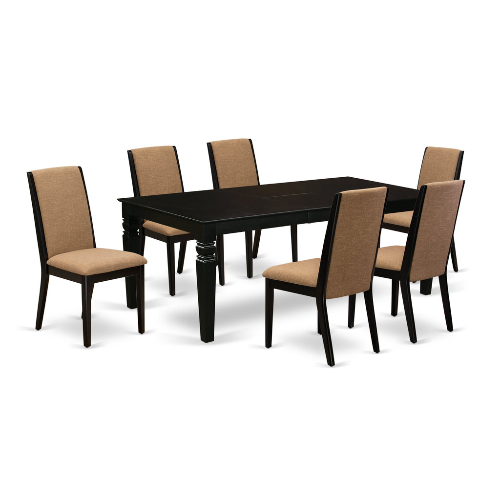 East West Furniture LGLA7-BLK-47 7 Piece Dining Table Set Consist of a Rectangle Wooden Table with Butterfly Leaf and 6 Light Sable Linen Fabric Upholstered Chairs, 42x84 Inch, Black