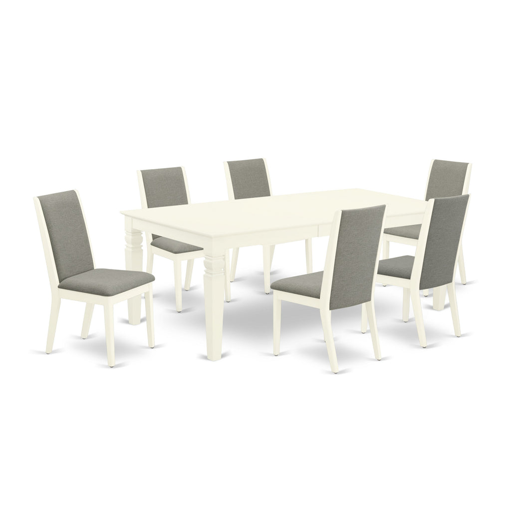East West Furniture LGLA7-LWH-06 7 Piece Dinette Set Consist of a Rectangle Dining Table with Butterfly Leaf and 6 Shitake Linen Fabric Parson Dining Room Chairs, 42x84 Inch, Linen White