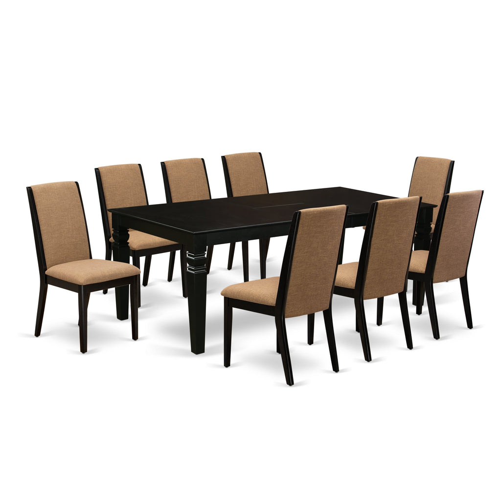 East West Furniture LGLA9-BLK-47 9 Piece Dining Table Set Includes a Rectangle Kitchen Table with Butterfly Leaf and 8 Light Sable Linen Fabric Upholstered Chairs, 42x84 Inch, Black