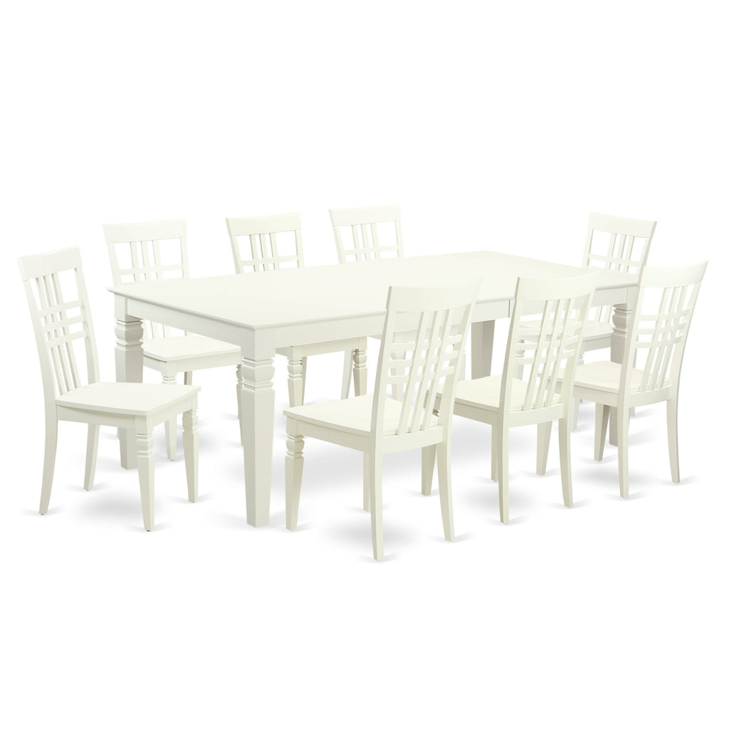 East West Furniture LGLG9-LWH-W 9 Piece Dining Room Table Set Includes a Rectangle Wooden Table with Butterfly Leaf and 8 Kitchen Dining Chairs, 42x84 Inch, Linen White