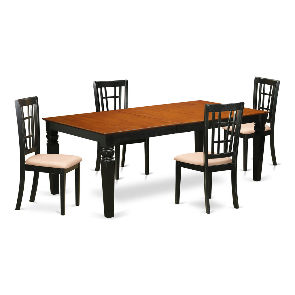 East West Furniture LGNI5-BCH-C 5 Piece Dining Table Set for 4 Includes a Rectangle Kitchen Table with Butterfly Leaf and 4 Linen Fabric Kitchen Dining Chairs, 42x84 Inch, Black & Cherry