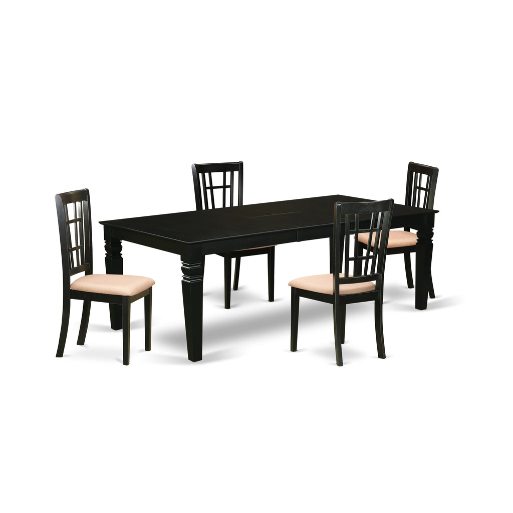 East West Furniture LGNI5-BLK-C 5 Piece Kitchen Table Set for 4 Includes a Rectangle Dining Table with Butterfly Leaf and 4 Linen Fabric Dining Room Chairs, 42x84 Inch, Black