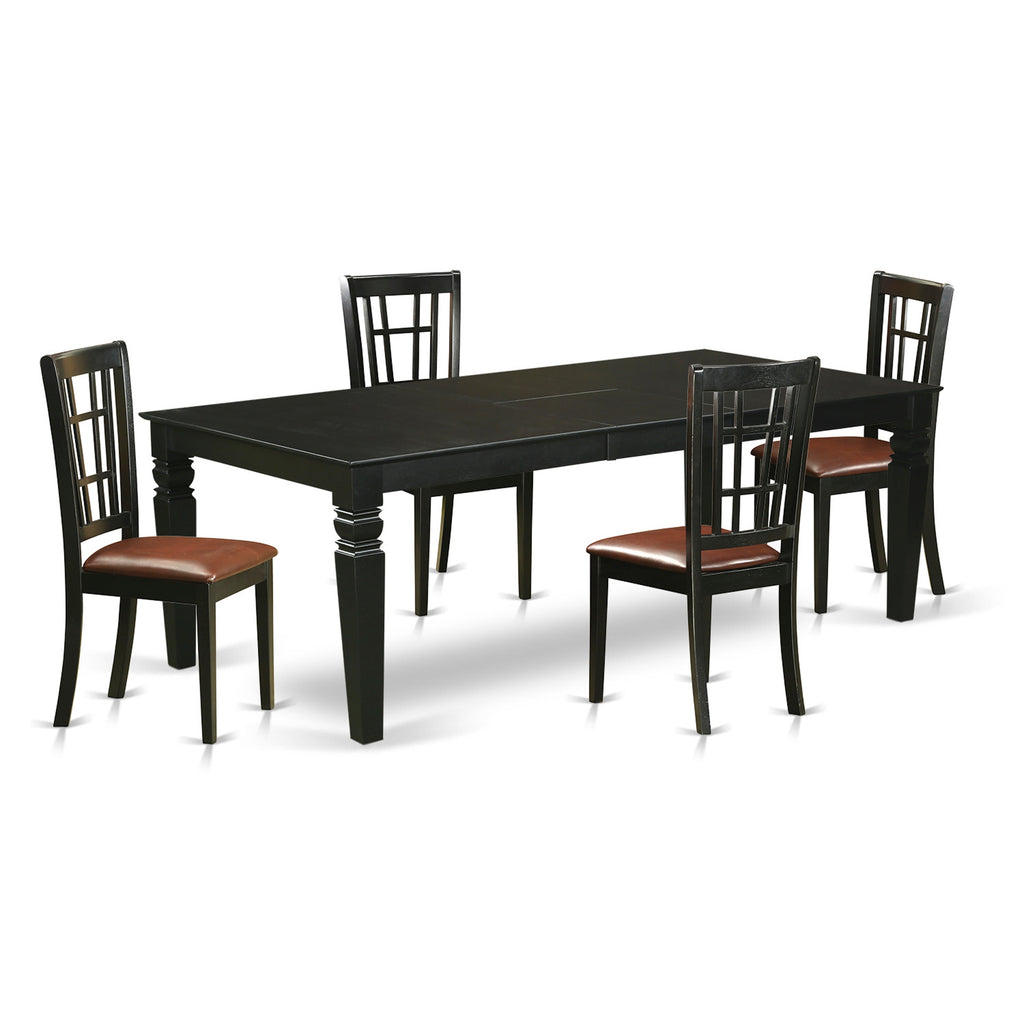 East West Furniture LGNI5-BLK-LC 5 Piece Kitchen Table & Chairs Set Includes a Rectangle Dining Table with Butterfly Leaf and 4 Faux Leather Dining Room Chairs, 42x84 Inch, Black