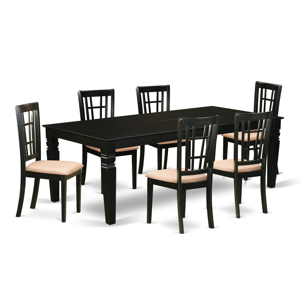 East West Furniture LGNI7-BLK-C 7 Piece Kitchen Table Set Consist of a Rectangle Dining Table with Butterfly Leaf and 6 Linen Fabric Dining Room Chairs, 42x84 Inch, Black