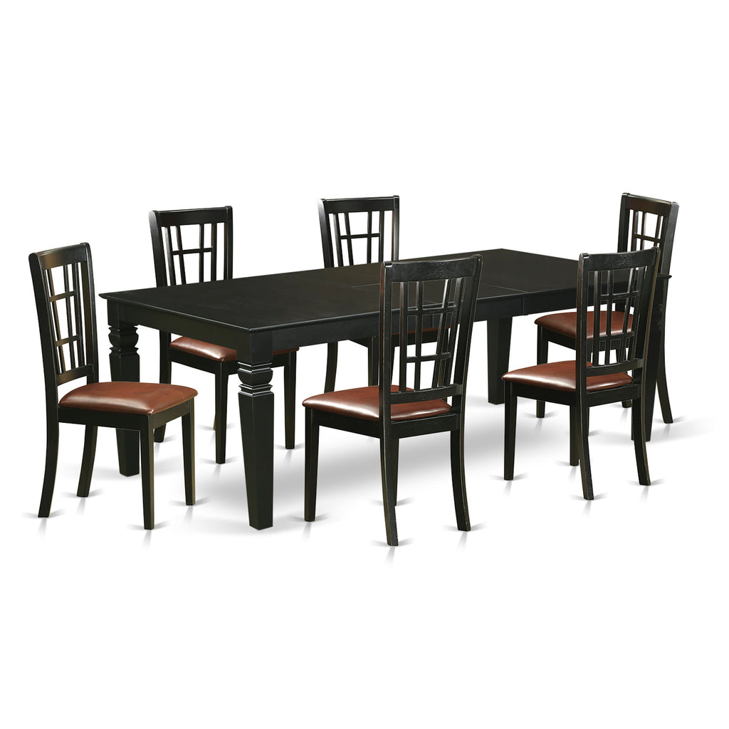East West Furniture LGNI7-BLK-LC 7 Piece Dining Table Set Consist of a Rectangle Wooden Table with Butterfly Leaf and 6 Faux Leather Dining Room Chairs, 42x84 Inch, Black