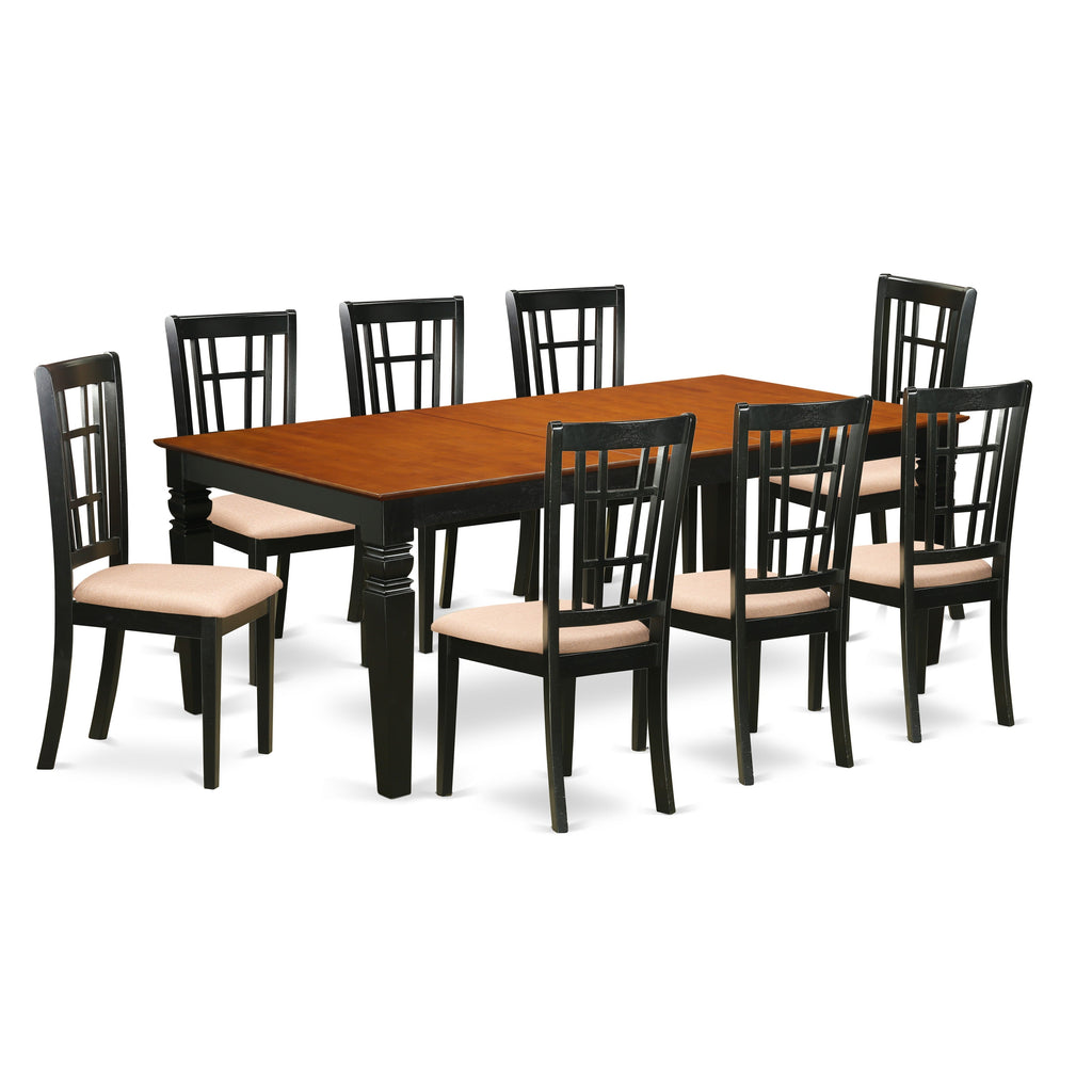 East West Furniture LGNI9-BCH-C 9 Piece Dining Table Set Includes a Rectangle Wooden Table with Butterfly Leaf and 8 Linen Fabric Dining Room Chairs, 42x84 Inch, Black & Cherry