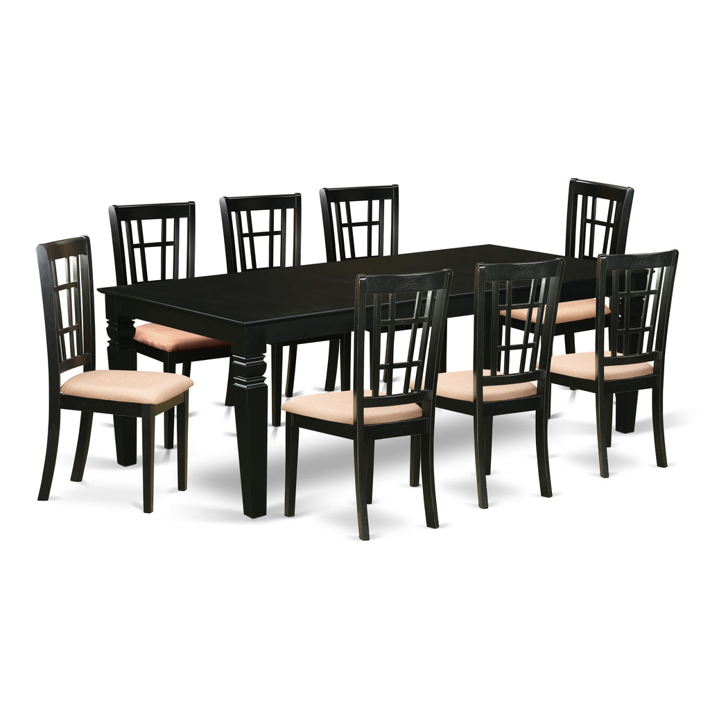 East West Furniture LGNI9-BLK-C 9 Piece Dining Room Furniture Set Includes a Rectangle Kitchen Table with Butterfly Leaf and 8 Linen Fabric Upholstered Chairs, 42x84 Inch, Black