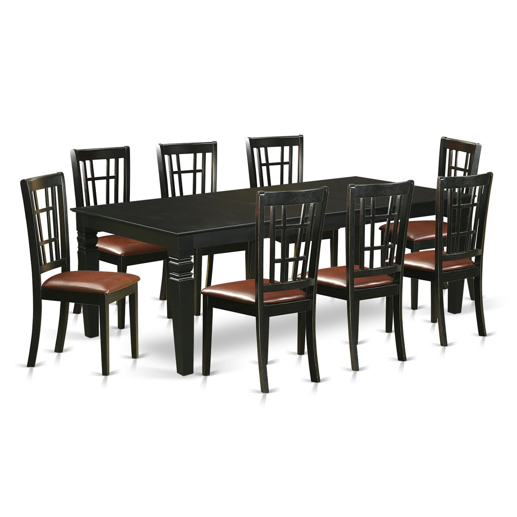East West Furniture LGNI9-BLK-LC 9 Piece Kitchen Table & Chairs Set Includes a Rectangle Dining Room Table with Butterfly Leaf and 8 Faux Leather Upholstered Chairs, 42x84 Inch, Black