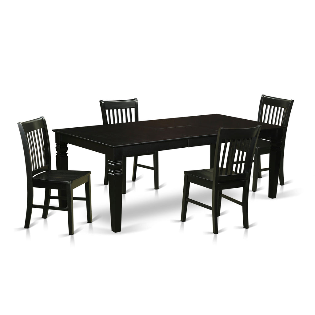 East West Furniture LGNO5-BLK-W 5 Piece Kitchen Table & Chairs Set Includes a Rectangle Dining Room Table with Butterfly Leaf and 4 Dining Chairs, 42x84 Inch, Black