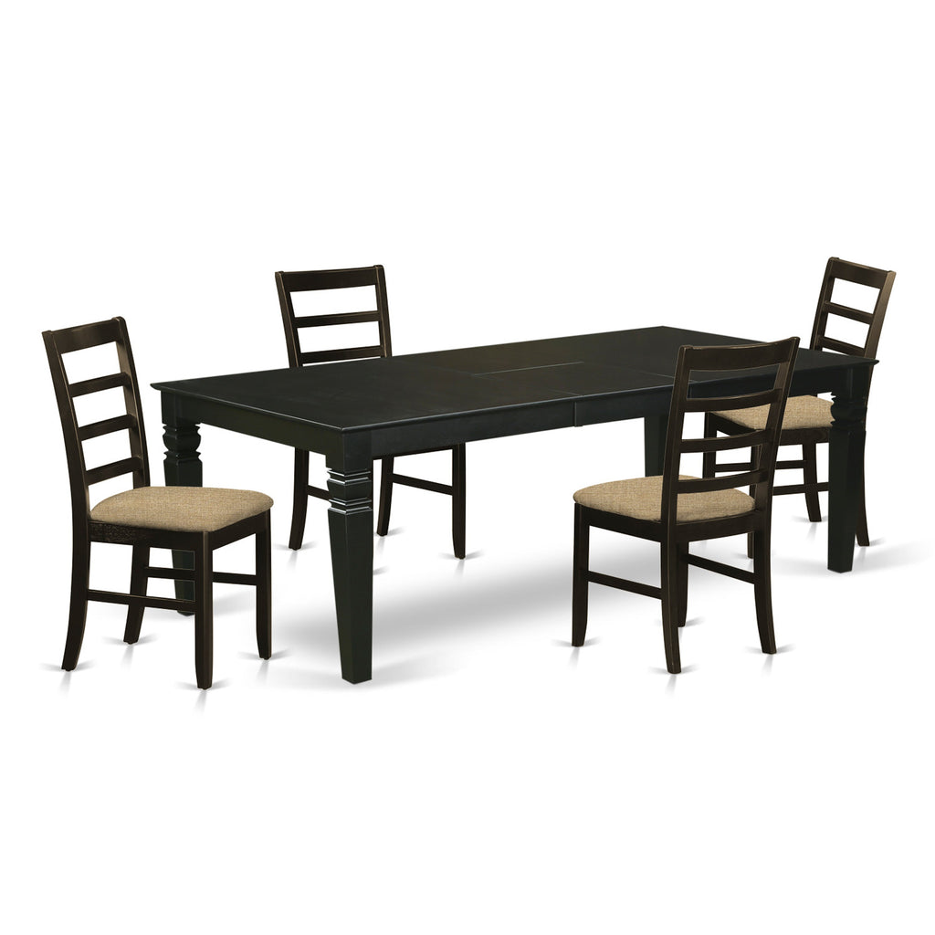 East West Furniture LGPF5-BLK-C 5 Piece Kitchen Table Set Includes a Rectangle Dining Room Table with Butterfly Leaf and 4 Linen Fabric Upholstered Chairs, 42x84 Inch, Black