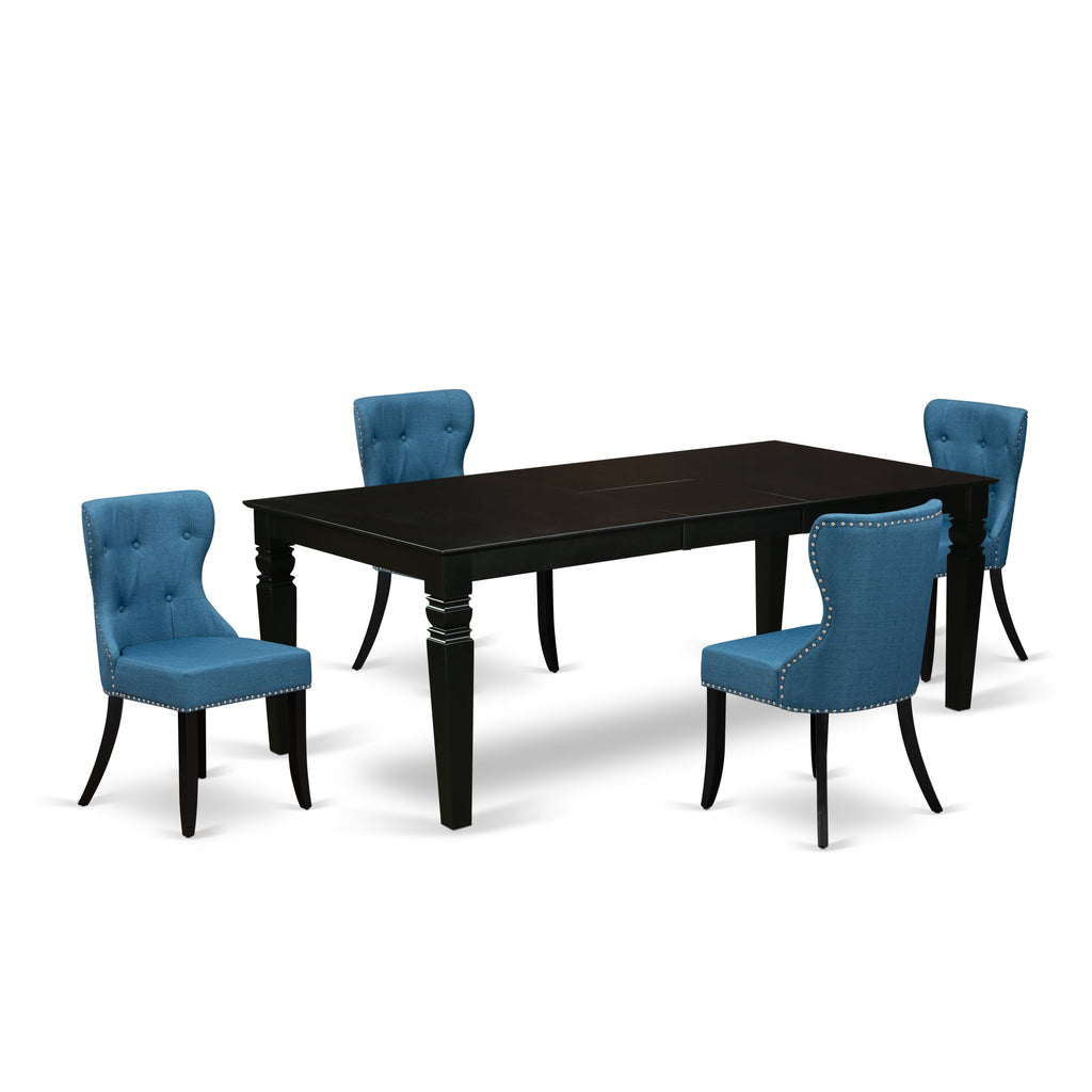East West Furniture LGSI5-BLK-21 5 Piece Dining Set Includes a Rectangle Dining Room Table with Butterfly Leaf and 4 Blue Linen Fabric Upholstered Parson Chairs, 42x84 Inch, Black