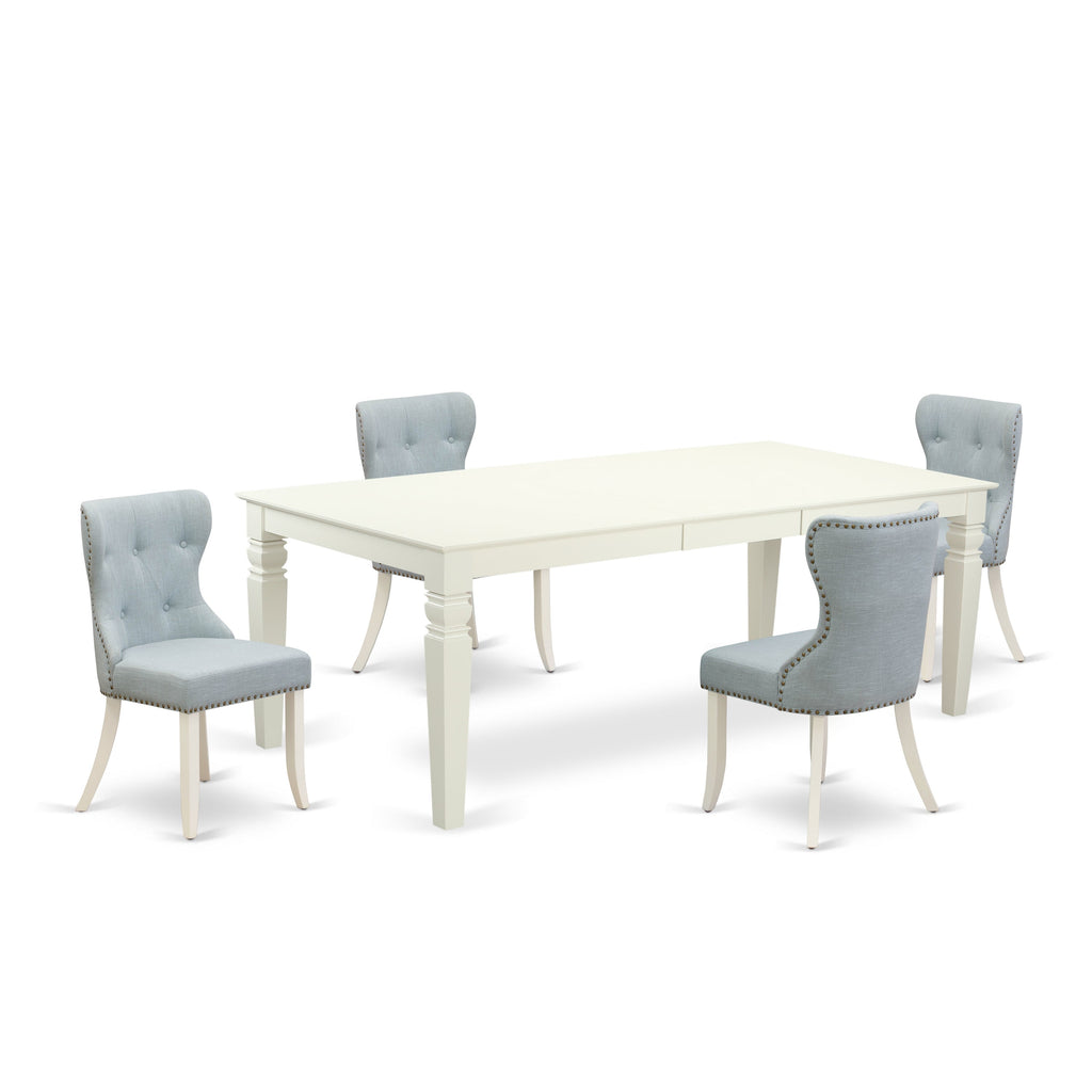 East West Furniture LGSI5-LWH-15 5 Piece Dinette Set Includes a Rectangle Dining Room Table with Butterfly Leaf and 4 Baby Blue Linen Fabric Parson Dining Chairs, 42x84 Inch, Linen White