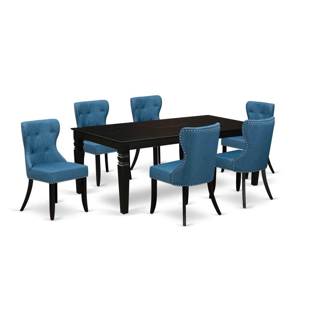 East West Furniture LGSI7-BLK-21 7 Piece Kitchen Table Set Consist of a Rectangle Dining Table with Butterfly Leaf and 6 Blue Linen Fabric Parson Dining Chairs, 42x84 Inch, Black