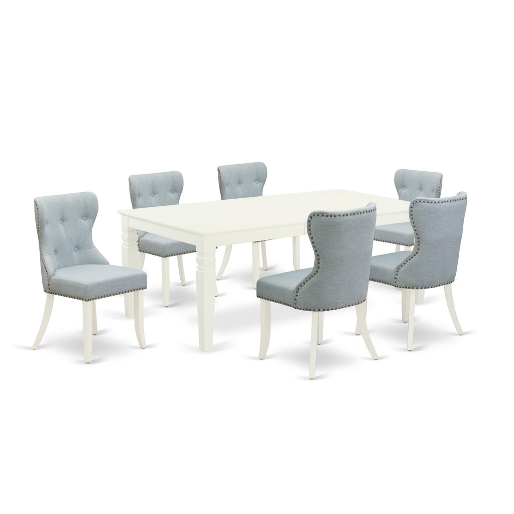 East West Furniture LGSI7-LWH-15 7 Piece Dining Room Set Consist of a Rectangle Wooden Table with Butterfly Leaf and 6 Baby Blue Linen Fabric Parson Dining Chairs, 42x84 Inch, Linen White