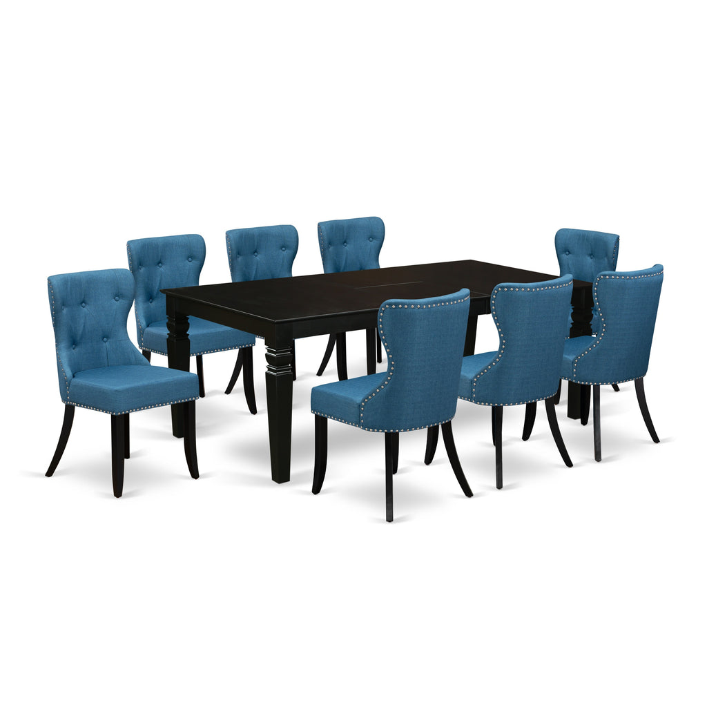 East West Furniture LGSI9-BLK-21 9 Piece Dining Table Set Includes a Rectangle Dining Room Table with Butterfly Leaf and 8 Blue Linen Fabric Upholstered Chairs, 42x84 Inch, Black