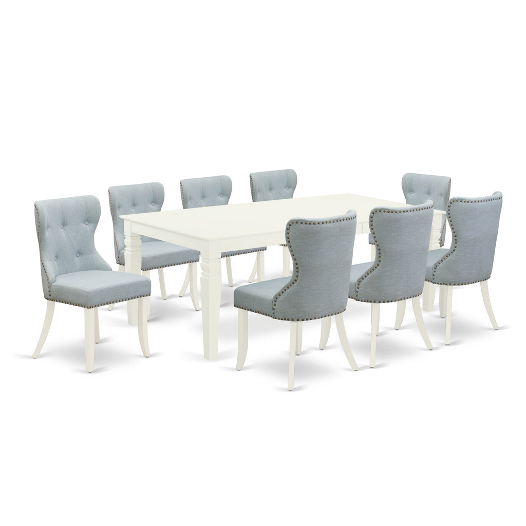 East West Furniture LGSI9-LWH-15 9 Piece Kitchen Table Set Includes a Rectangle Dining Table with Butterfly Leaf and 8 Baby Blue Linen Fabric Parsons Dining Chairs, 42x84 Inch, Linen White