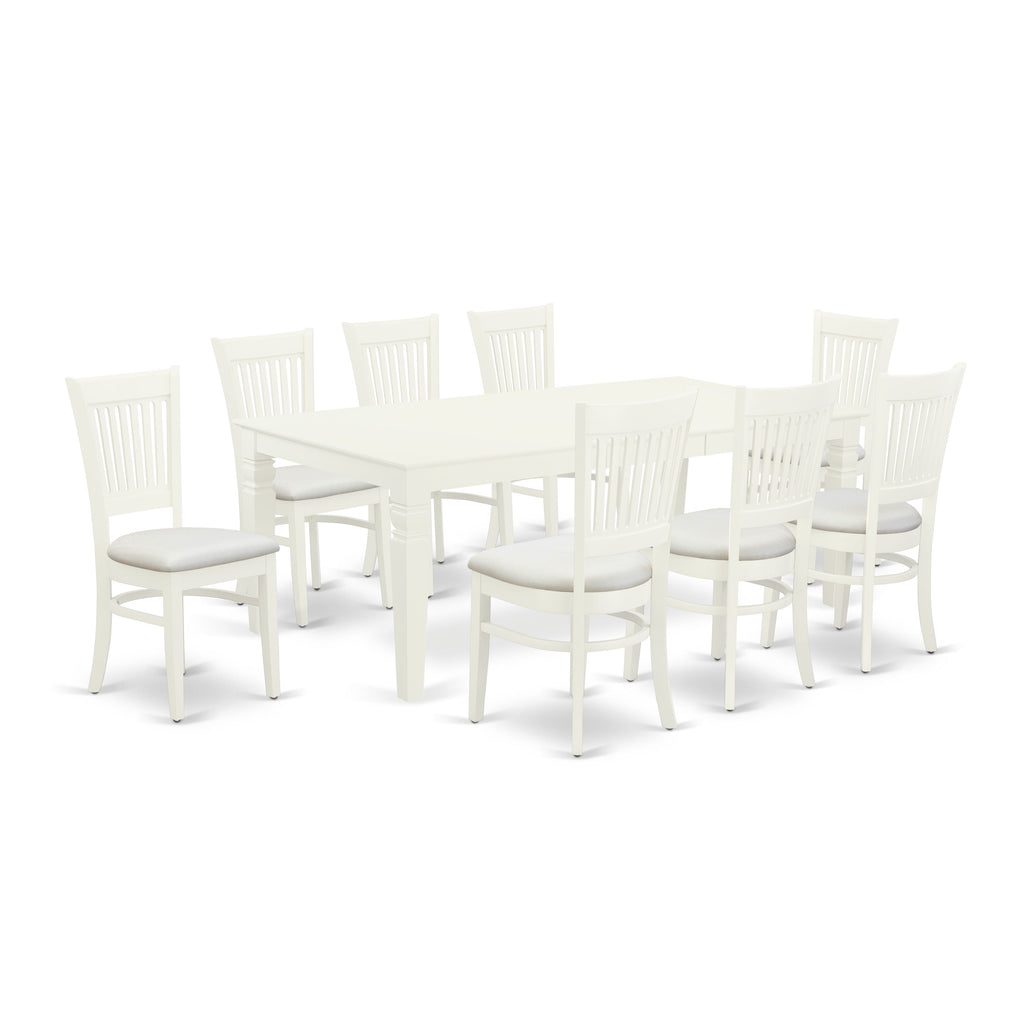 East West Furniture LGVA9-LWH-C 9 Piece Dining Set Includes a Rectangle Dining Room Table with Butterfly Leaf and 8 Linen Fabric Upholstered Kitchen Chairs, 42x84 Inch, Linen White