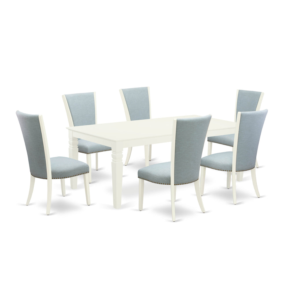 East West Furniture LGVE7-LWH-15 7 Piece Kitchen Table & Chairs Set Consist of a Rectangle Butterfly Leaf Dining Table and 6 Baby Blue Linen Fabric Parson Chairs, 42x84 Inch, Linen White