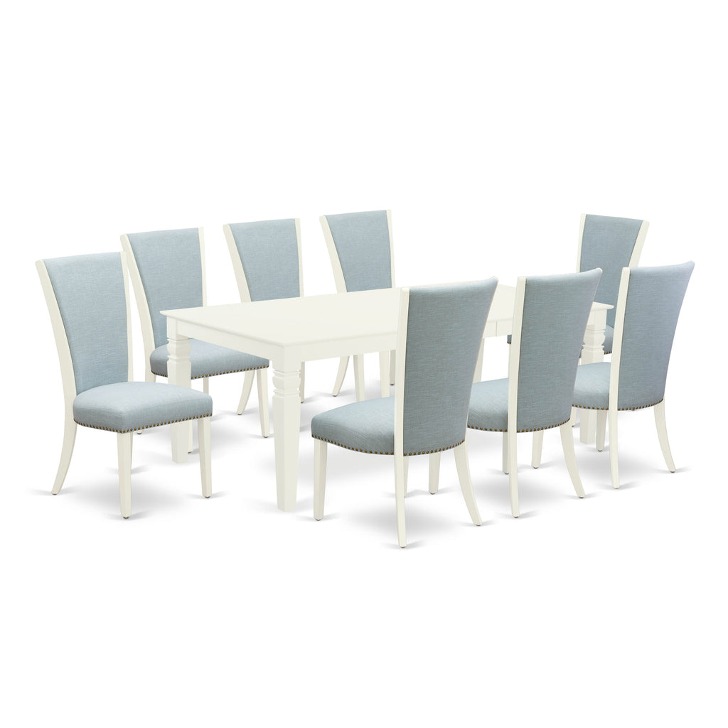 East West Furniture LGVE9-LWH-15 9 Piece Dining Set Includes a Rectangle Dining Room Table with Butterfly Leaf and 8 Baby Blue Linen Fabric Upholstered Chairs, 42x84 Inch, Linen White