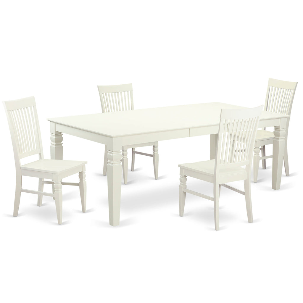 East West Furniture LGWE5-LWH-W 5 Piece Kitchen Table Set for 4 Includes a Rectangle Dining Room Table with Butterfly Leaf and 4 Solid Wood Seat Chairs, 42x84 Inch, Linen White