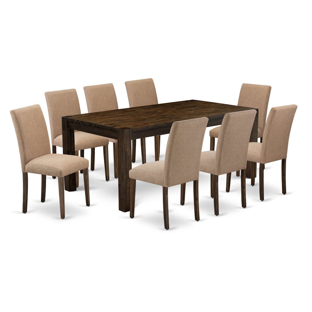 East West Furniture LMAB9-77-47 9 Piece Dining Room Set Includes a Rectangle Rustic Wood Kitchen Table and 8 Light Sable Linen Fabric Upholstered Parson Chairs, 40x72 Inch, Jacobean