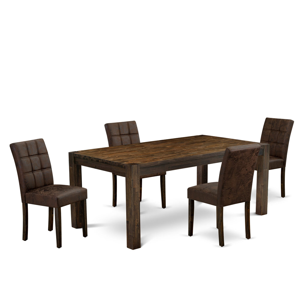 East West Furniture LMAS5-07-T25 5 Piece Modern Dining Table Set Includes A Mid Century Modern Dining Table and 4 Black Textured Faux Leather Dining Chairs, Distressed Jacobean